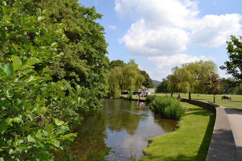 river wye with cricket pavilion in the recreation ground