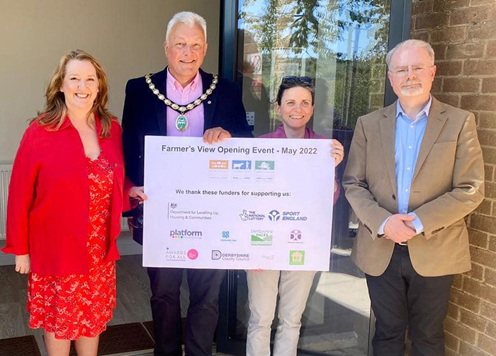MP Sarah Dines, Mayor Councillor Wain, Marie Schmidt, Neil Moulden standing together outside the Farmer&rsquo;s View entrance.