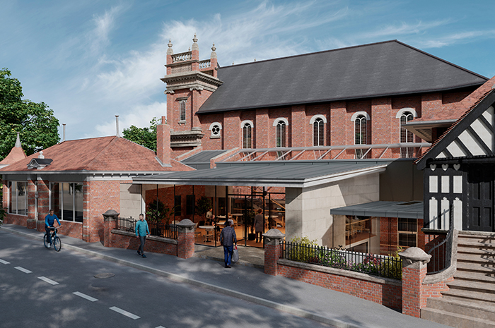 Artists impression of the exterior of the Link Community Hub with new glass atrium connecting the existing red brick buildings