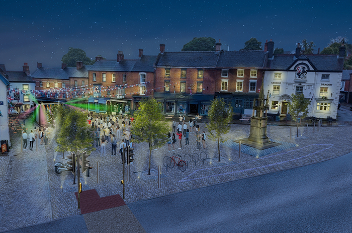 Artist's impression of an evening event in the market place with stage and a crowd