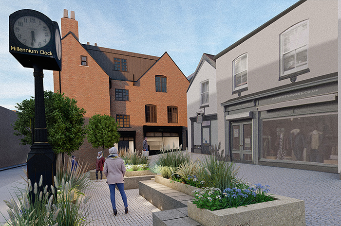 Artist's impression of the transformed Millennium Square with planted raised beds around the Millennium Clock