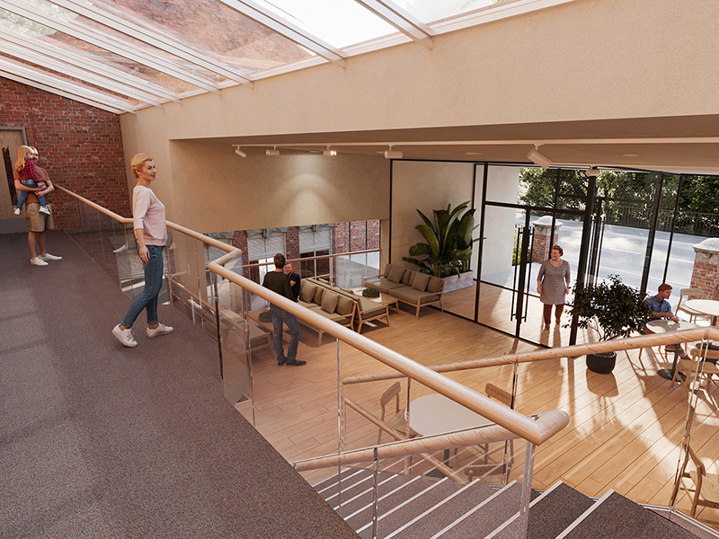 Artist's impression of the interior of the Link Community Hub, a light space with glass roof, looking out through glass doors toward Station Road