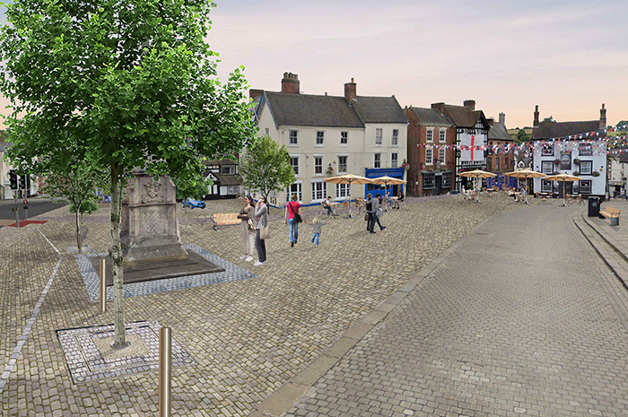Artists impression of Market Place daytime with trees added and bollards around the edge